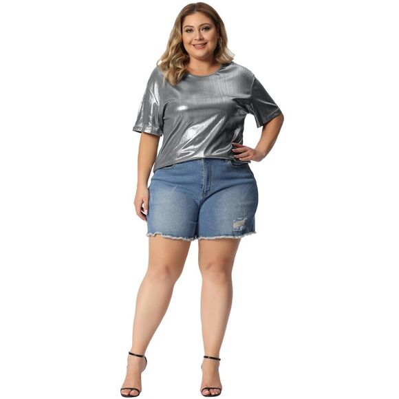 Plus Size Blouse Metallic Round Neck Short Sleeve T-Shirt Party Tee Tops Silver - Picture 3 of 6